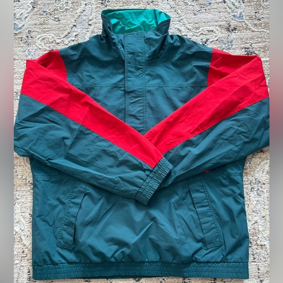 Vintage 90s Eddie Bauer Jacket Pullover Anorak Green Red Pouch Tech‎ Size large - Picture 1 of 6